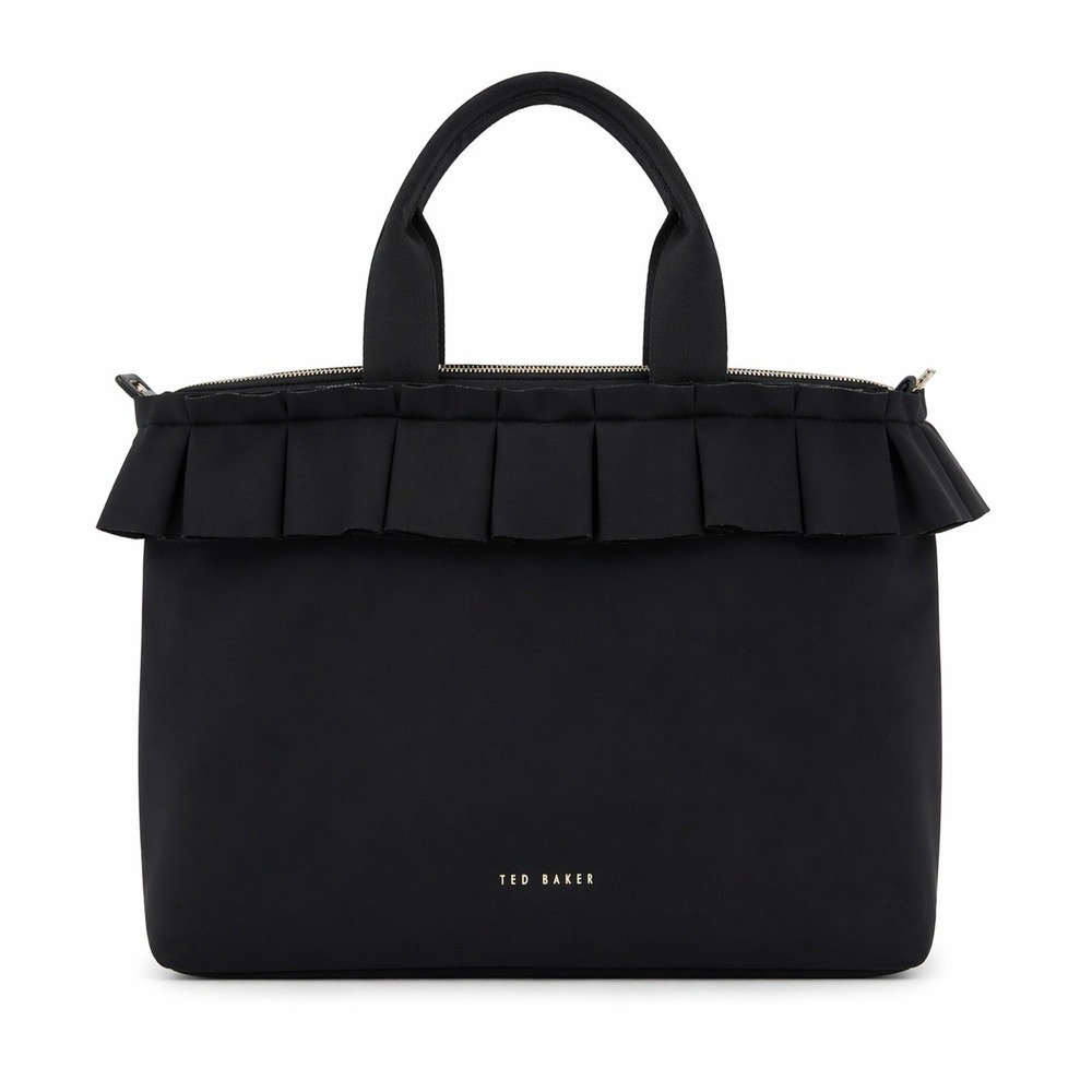 Ted Baker XL Black Nylon Ruffle Tote Bag Zip Closure Designer Statement Minimal